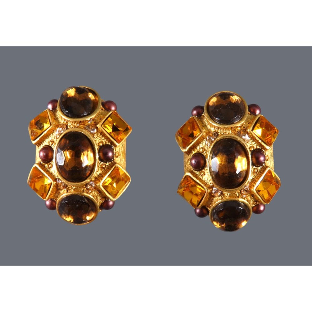 VTG Rosa Flores GOLD TONE CLIP-ON EARRINGS Brown Topaz Rhinestones Amber OVAL